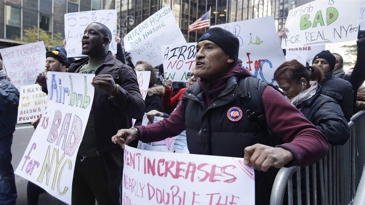 Protesters gather in New York City, which joined the crackdown on short-term rentals to protect affordable housing for long-t