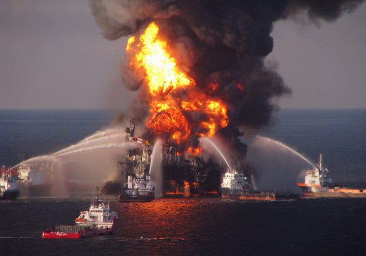 Fire boats spray water on the burning BP Deepwater Horizon offshore oil rig on April 21, 2010, in this photo provided by the