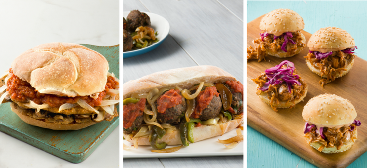 Three items from the YamChops cookbook (left to right): chicken sandwich, meatball sandwich and pulled pork sliders.