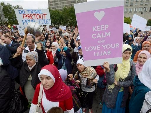 Demonstrators protest a proposal by the Parti Quebecois in 2013 to ban some religious symbols from public workplaces. The bill did not pass.