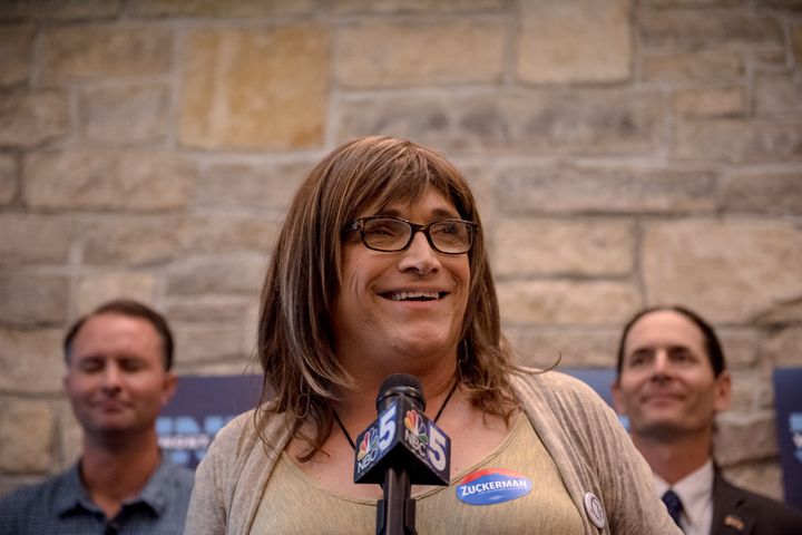 Vermont Democratic gubernatorial nominee Christine Hallquist at an August rally in Burlington. Hallquist is the first openly transgender candidate to win a major-party nomination for governor.