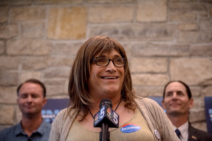 Vermont Democratic gubernatorial nominee Christine Hallquist at an August rally in Burlington. Hallquist is the first openly
