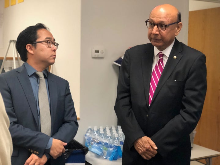 Kim and Khizr Khan speak with veterans at an event at Kim's Mount Laurel campaign office.