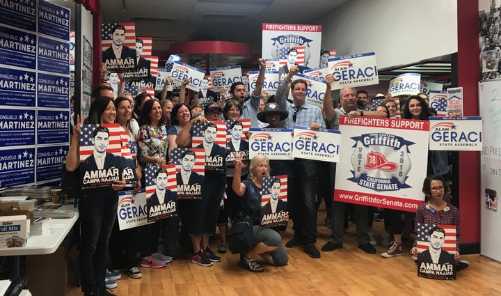 Ammar Campa-Najjar at an Escondido, California, campaign office with volunteer canvassers. His Republican opponent, Rep. Duncan Hunter, is under indictment for allegedly funneling $250,000 of campaign funds toward personal expenses.