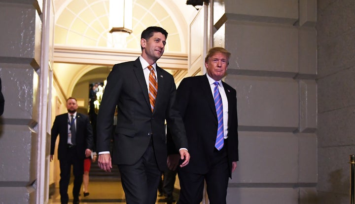 Speaker of the House Paul Ryan (R-Wis.) with President Donald Trump before a June 19 meeting on Capitol Hill. Despite Ryan's 2012 campaign rhetoric that the GOP vision of “free enterprise” is “about more than material riches,” Republicans actually rely on the financial system to protect its political elite.