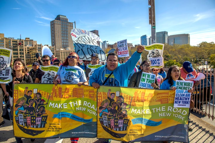 Advocates march in New York on the fifth anniversary of Hurricane Sandy.