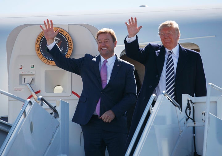 Senator Dean Heller (R-Nev.) Leaves Air Force One with President Donald Trump before a rally in Elko, Nevada on Saturday.