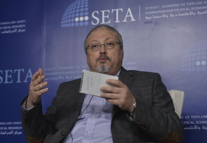 A file photo dated March 26, 2015 shows Prominent Saudi journalist Jamal Khashoggi speaking during a panel titled 'Crisis in Syria: An Endless War?' organised by Foundation for Political, Economic and Social Research (SETA) Foundation in Ankara, Turkey. (Photo by Gokhan Balci/Anadolu Agency/Getty Images)