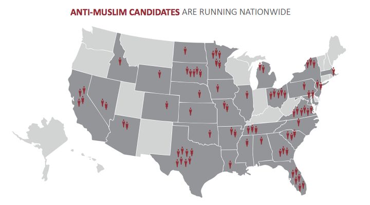 The states with the most anti-Muslim candidates were Texas (eight), followed by Virginia and Florida (six each).
