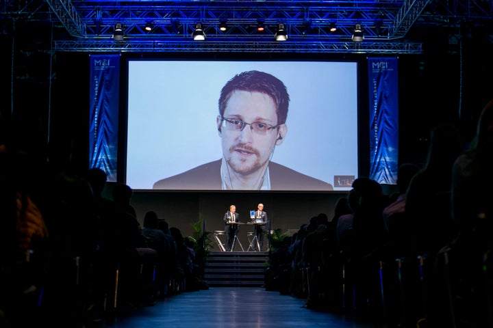 Edward Snowden speaks via video link at an event in Innsbruck, Austria, organized by the Management Center Innsbruck, a private business school.