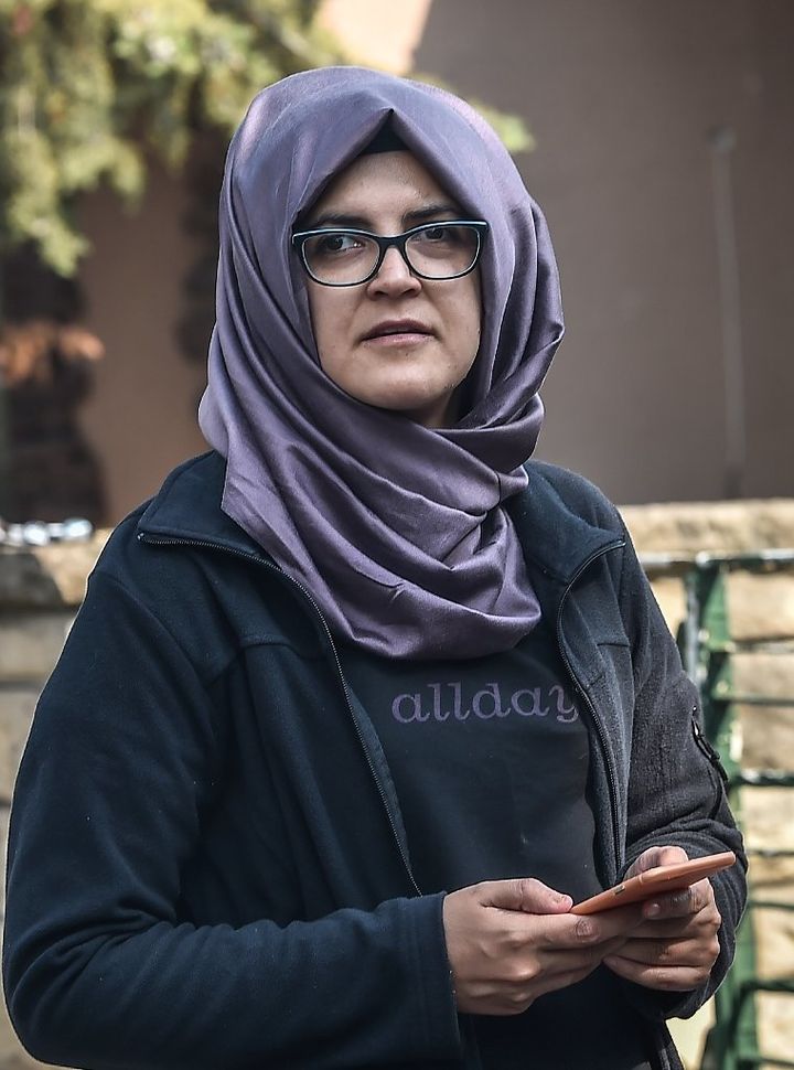 Hatice Cengiz seen waiting in front of the Saudi Arabian consulate in Istanbul. 