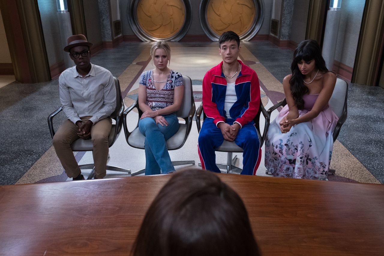 William Jackson-Harper, Kristen Bell, Manny Jacinto and Jameela Jamil on "The Good Place."