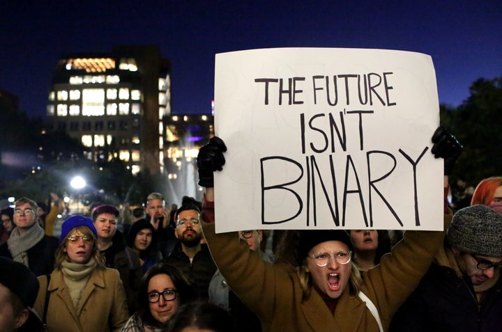 Demonstrators rally for LGBTQ rights in New York City on Oct. 21 after The New York Times revealed a Trump administration plan to severely narrow the legal definition of gender.