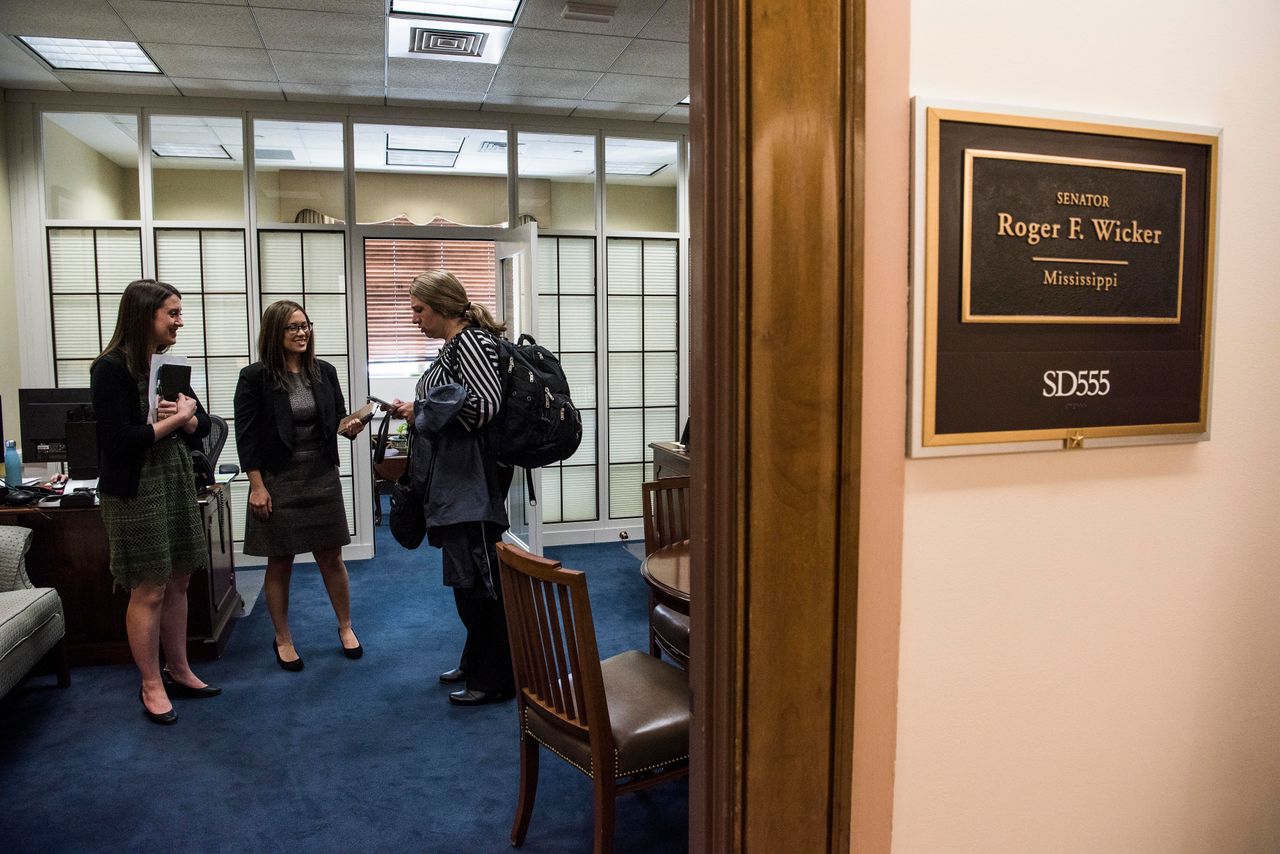 Amber lobbies aides for Sen. Roger Wicker (R-Miss.) in his office at the Dirksen Senate Office Building on Capitol Hill. The first time she met with staffers on the Hill, she could barely speak without crying. Now, she has a spiel prepared.