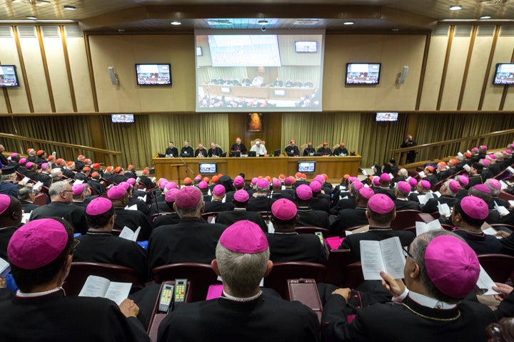 Pope Francis attends the opening session of the XV Ordinary General Assembly of the Synod of Bishops on Youth People, the Faith and Vocational Discernment on October 3, 2018 in Vatican City, Vatican.