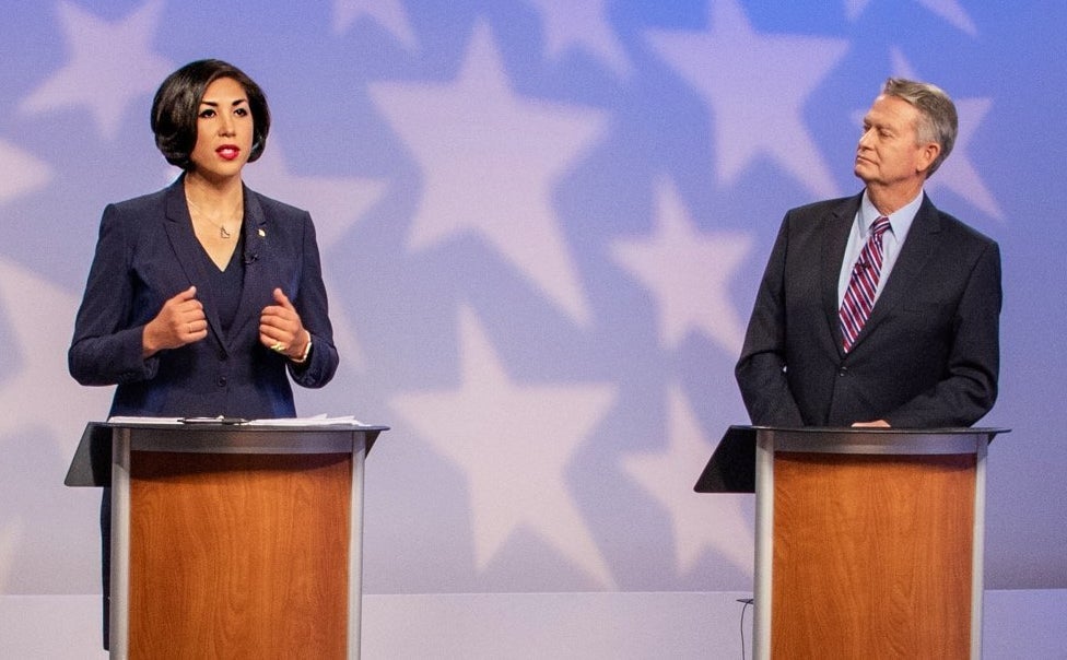 Here's Jordan during a gubernatorial debate with Lt. Gov. Brad Little. Why is he leaning back like that?