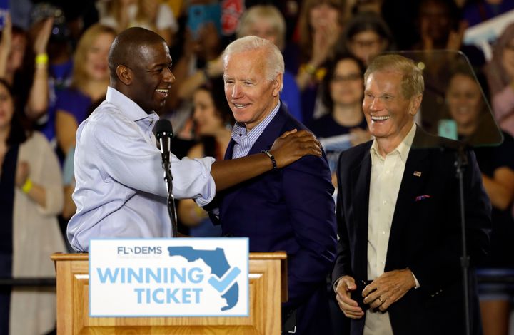 (From left) Florida Democratic gubernatorial candidate Andrew Gillum, former Vice President Joe Biden and Sen. Bill Nelson at a campaign rally for Gillum and Nelson on Oct. 22 in Tampa. Biden made his case for the two candidates and against President Donald Trump.