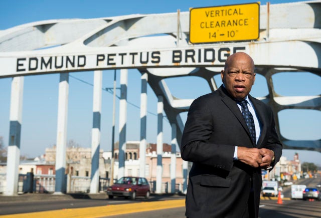 Rep. John Lewis (D-Ga.) stands on the Edmund Pettus Bridge in Selma, Alabama, in this undated file photo. Alabama state