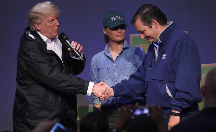 (From left) President Donald Trump, Melania Trump and Sen. Ted Cruz at a rally in Houston on Oct. 22. After a bitterly fought 2016 primary contest, Cruz told attendees, “I am honored that President Trump is here endorsing and supporting my campaign.” 