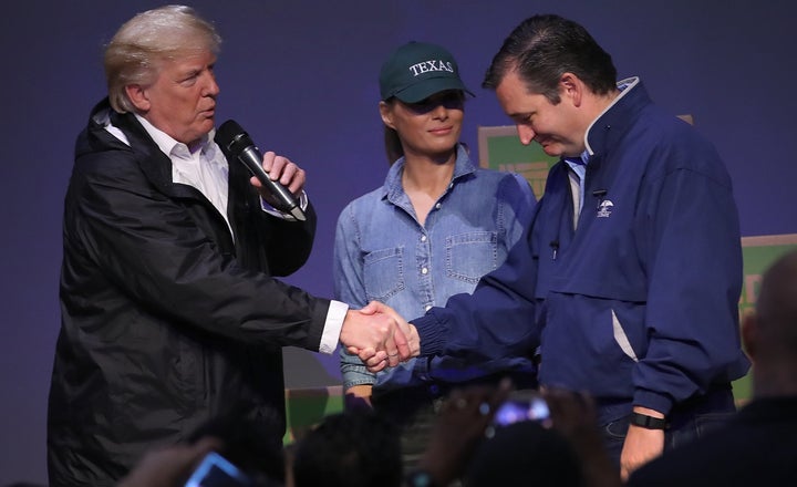 (From left) President Donald Trump, Melania Trump and Sen. Ted Cruz at a rally in Houston on Oct. 22. After a bitterly fought 2016 primary contest, Cruz told attendees, “I am honored that President Trump is here endorsing and supporting my campaign.”