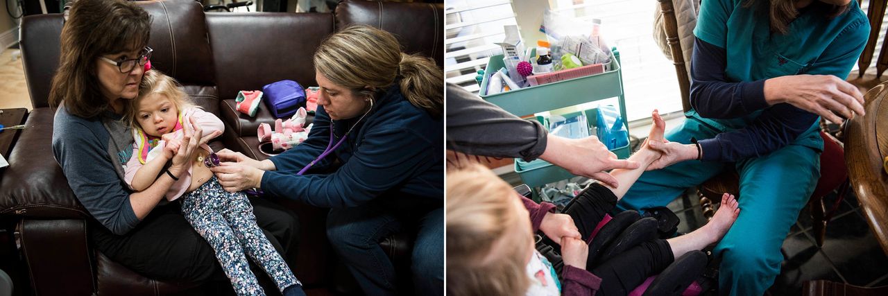 Amber and nurse Glenda Ball check on Willow's digestion after she struggled with her feeding tube (left). They also examine the marks on her legs left by her braces.