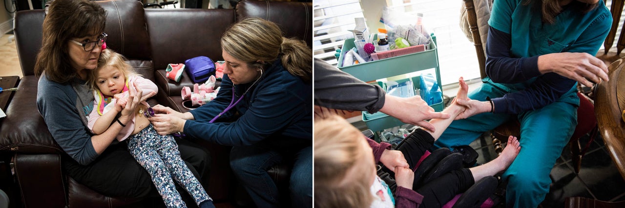 Amber and nurse Glenda Ball check on Willow's digestion after she struggled with her feeding tube (left). They also examine the marks on her legs left by her braces.