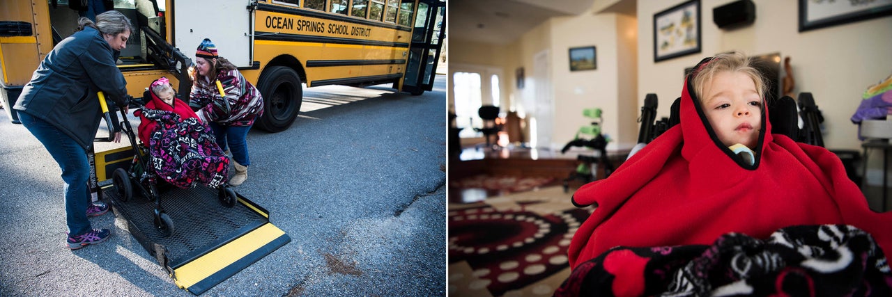 Amber Olsen loads her daughter Willow onto the school bus with the help of a school staffer. The kindergartner is bundled up because her body can no longer effectively regulate its own temperature.