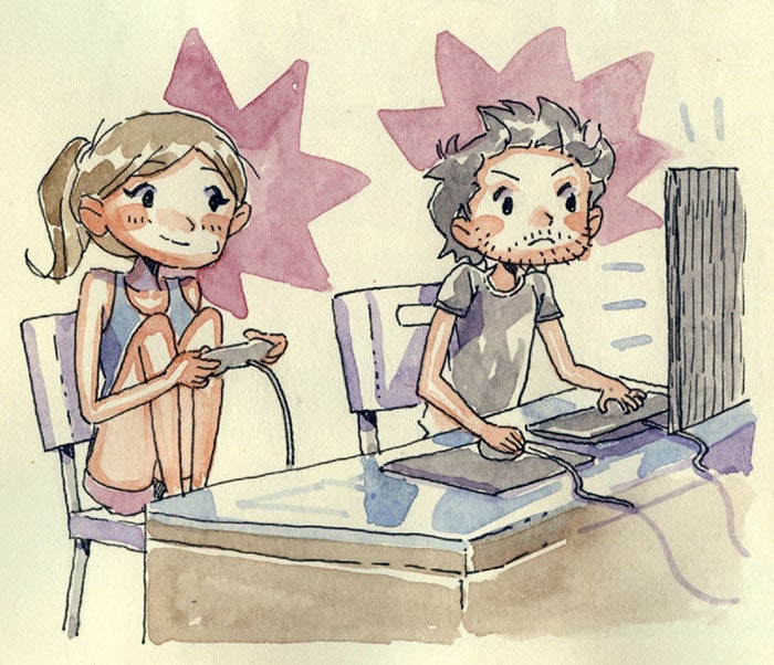 The couple playing video games in person.