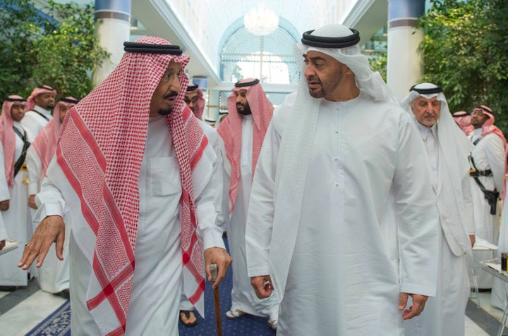 Saudi King Salman (front left) speaks with de facto United Arab Emirates leader Mohammed bin Zayed, Crown Prince of Abu Dhabi, (front right) in Jiddah, Saudi Arabia, in June. Saudi Crown Prince Mohammed bin Salman walks behind them. Saudi allies like the UAE want to avoid association with the Khashoggi scandal.