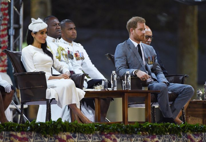 The Duke and Duchess of Sussex arrive in Suva, Fiji, where they took part in a ceremony known as the Veirqaraqaravi Vakavanua, which embodies Fijian cultural identity and heritage. It was held at Albert Park.