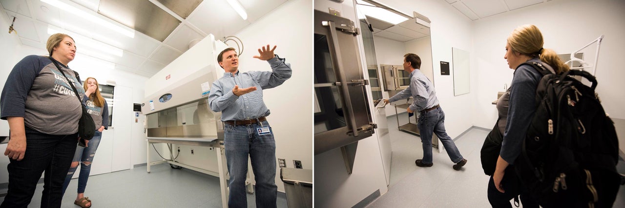 Gray shows Amber and her eldest daughter, Kylee, around his lab at the UT Southwestern Medical Center. He hopes to create a gene therapy for MSD patients.