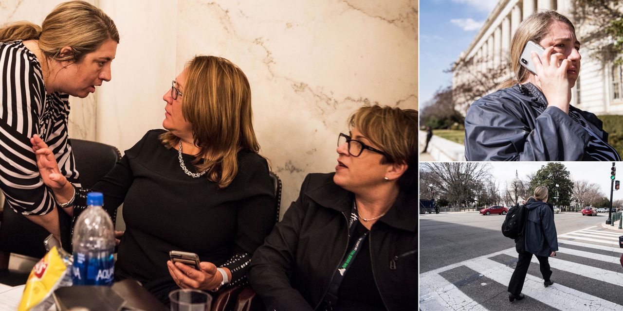 Amber speaks with Allison Moore and Debi Houliares, two women who are well-known in the fighter parent community, after a Capitol Hill briefing on rare diseases (left). She makes her way to the Russell Senate Office Building for another briefing (right).