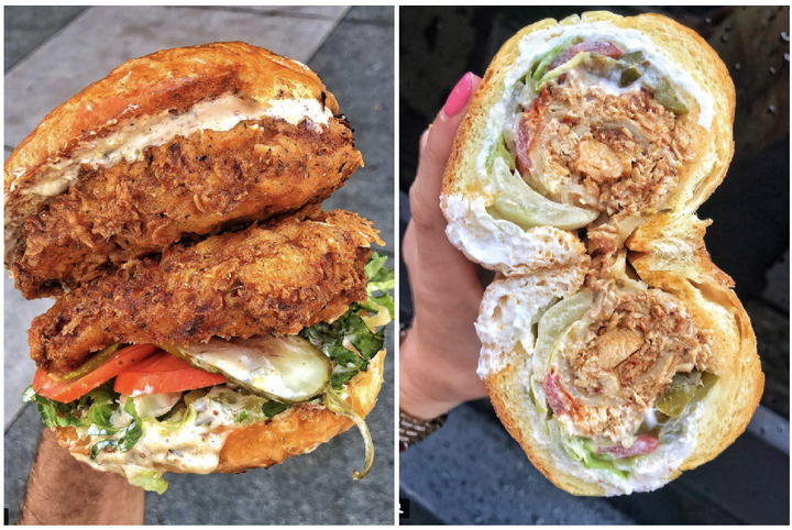 Left to right: A Doubled-Up Fried Chicken Sandwich from Bruxie Waffles in Los Angeles, and a hero at Painini Shoppe in Williamsburg, Brooklyn.