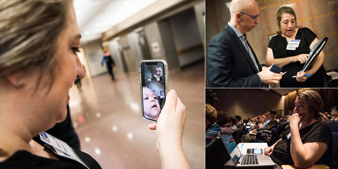 Amber FaceTimes with her family during a spare moment during Rare Disease Week at the NIH (left). She speaks with Sandy Macrae, president and CEO of the gene therapy company Sangamo Therapeutics (top right). She watches one of the many conference presentations (bottom right).