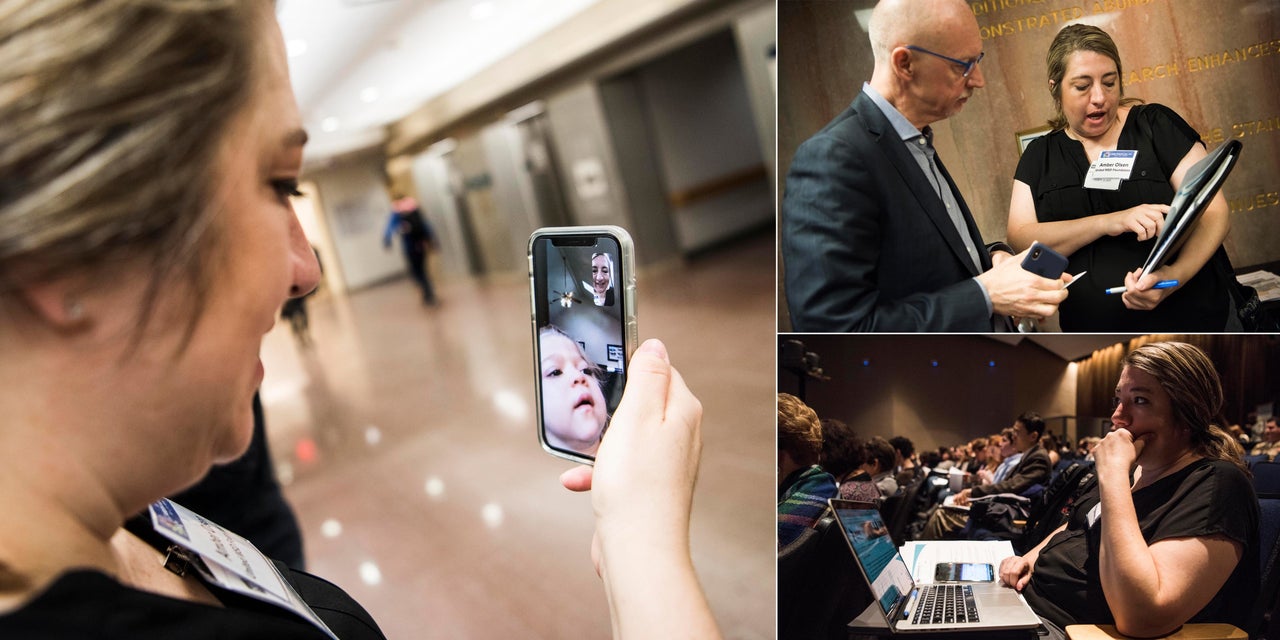 Amber FaceTimes with her family during a spare moment during Rare Disease Week at the NIH (left). She speaks with Sandy Macrae, president and CEO of the gene therapy company Sangamo Therapeutics (top right). She watches one of the many conference presentations (bottom right).