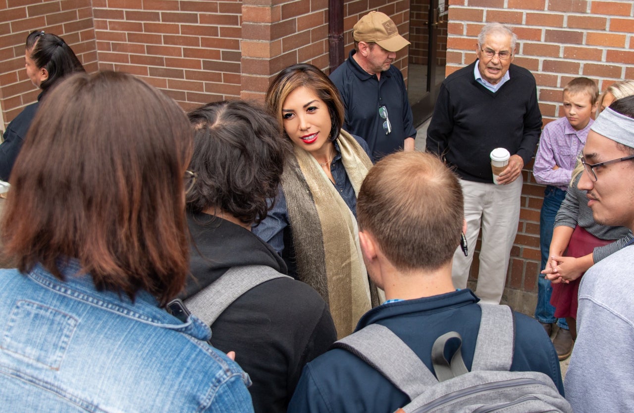 Jordan talks to voters at a campaign event.