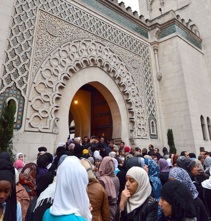 French Muslim women outside the Grande Mosque of Paris on the first day of Eid al-Adha in 2012. Only a small minority of France's Muslim women wear full-face veils.
