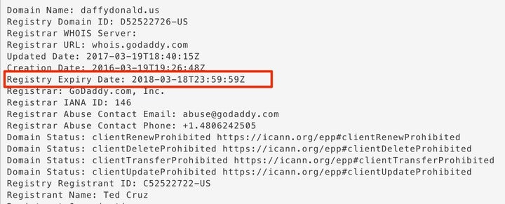 In November 2017, the expiration date for DaffyDonald.us was listed as March 2018.