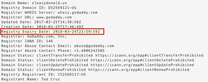 The January 2018 registration record for SleazyDonald.us shows an expiration date in March 2018.