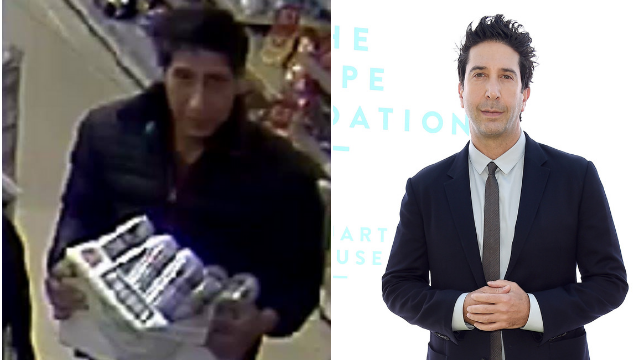 On the left, a photo of the suspect provided by the Blackpool police on Facebook. On the right, American actor David Schwimme