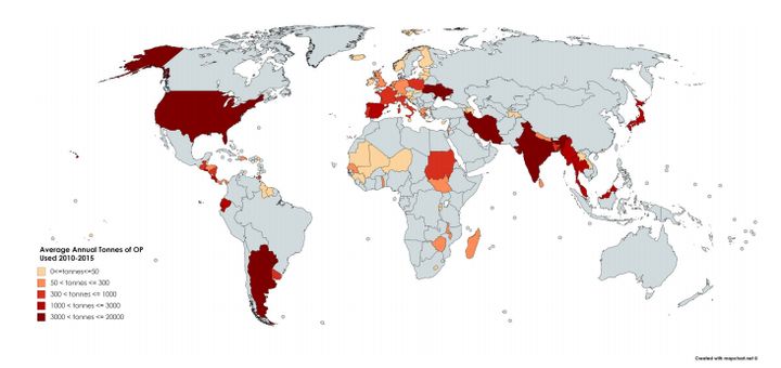 This map shows the countries where organophosphate chemicals are most widely used. 