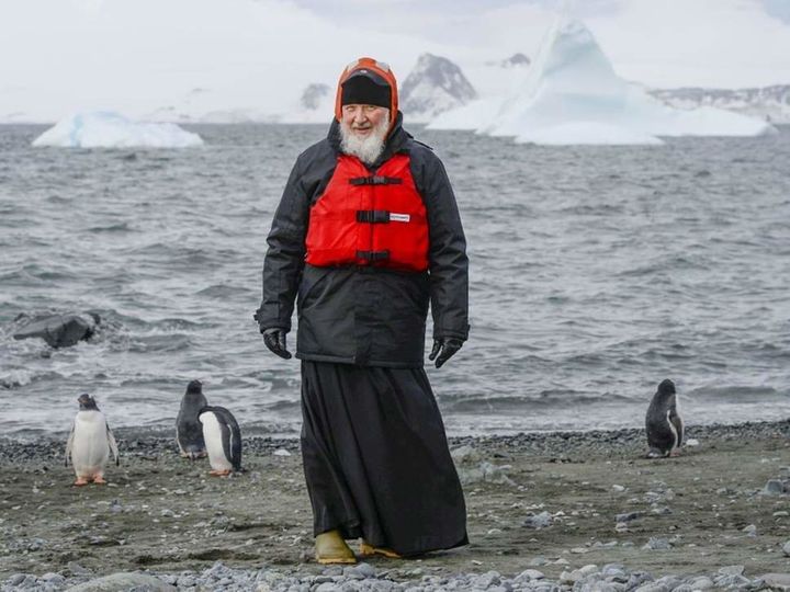 Head of the Russian Orthodox Church Patriarch Kirill meets some penguins