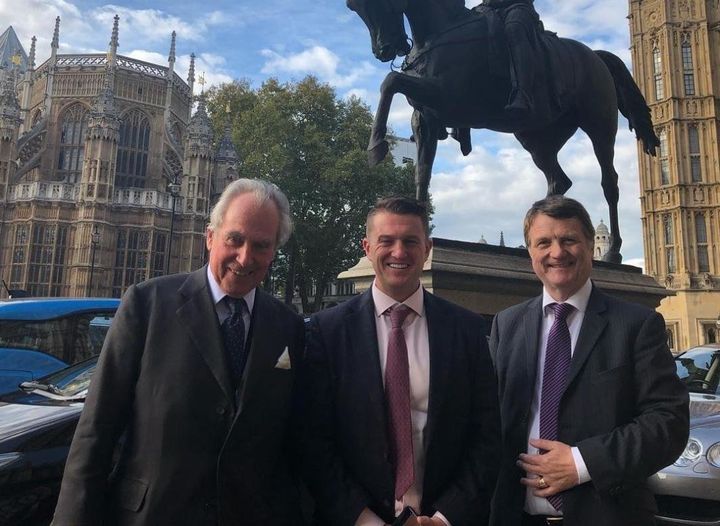 Tommy Robinson with UKIP peer Lord Pearson (left) and UKIP leader Gerard Batten (right) 