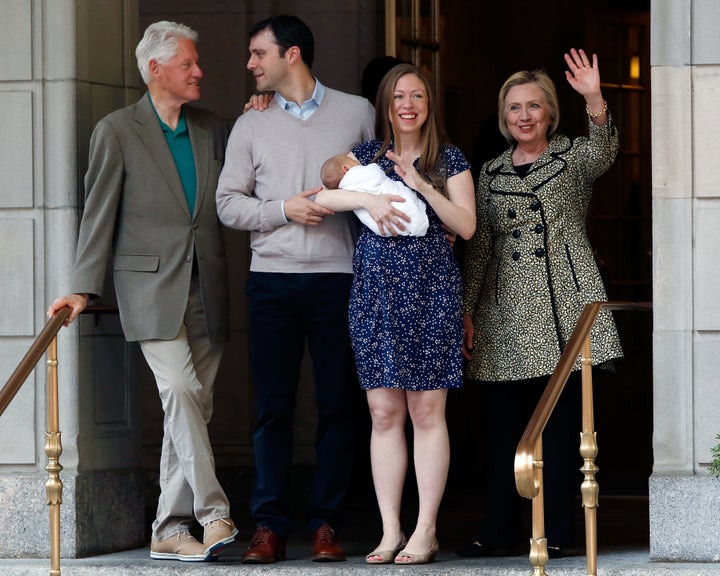 Bill Clinton, Marc Mezvinsky, Aidan Clinton Mezvinsky, Chelsea Clinton, and Hillary Clinton depart Lenox Hill Hospital on June 20, 2016, in New York City.