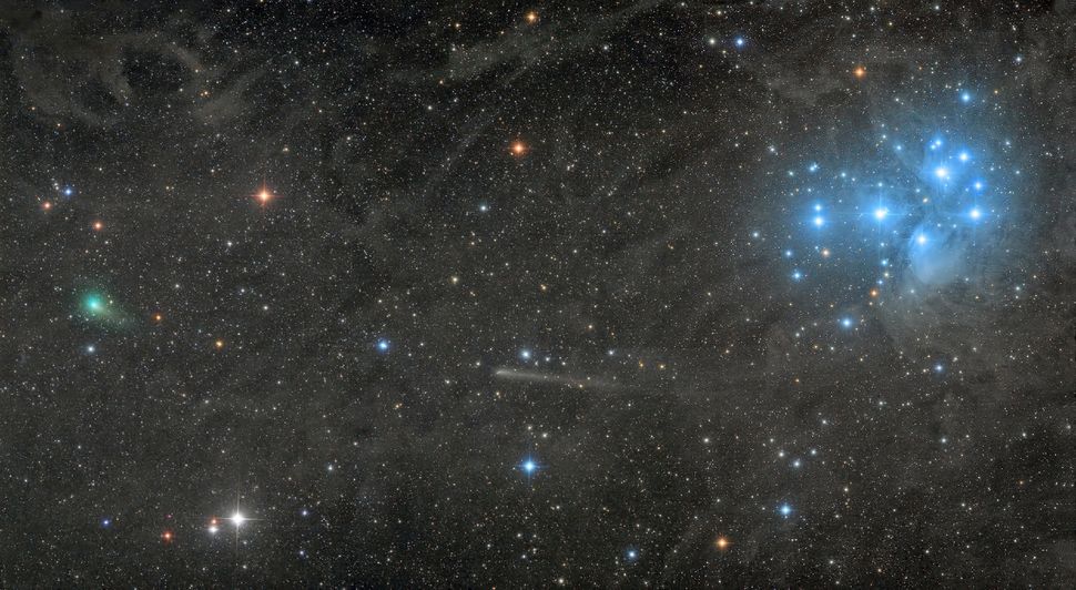 "Two Comets With the Pleiades"