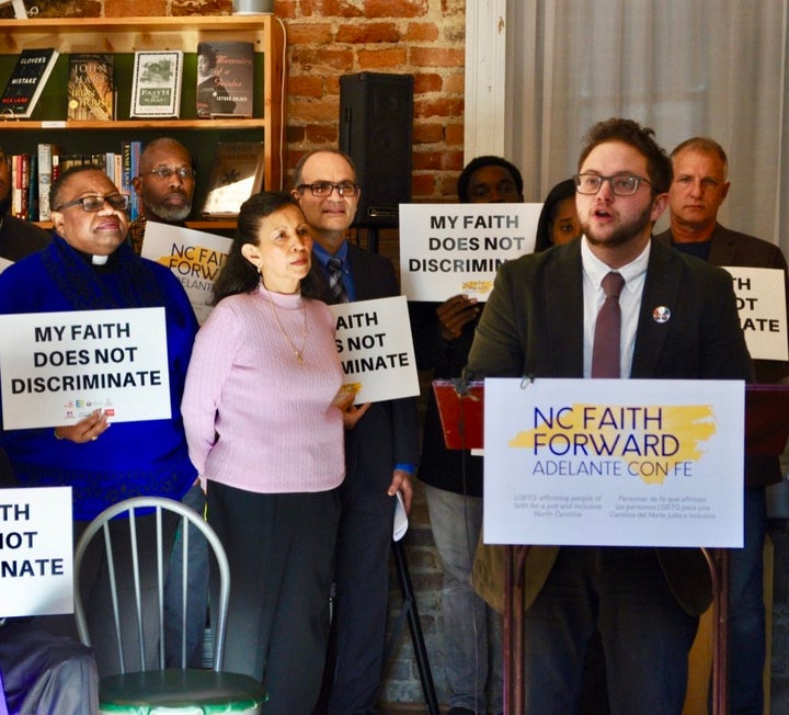 Alex Patchin McNeill, executive director of More Light Presbyterians, speaks at a press conference for the NC Faith Forward Coalition in December 2017. The North Carolina group works with faith communities to advance LGBTQ rights. 