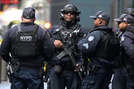 Members of the New York Police Department Counter Terrorism Squad are pictured outside the Time Warner Centre in the Manhattan borough of New York City.