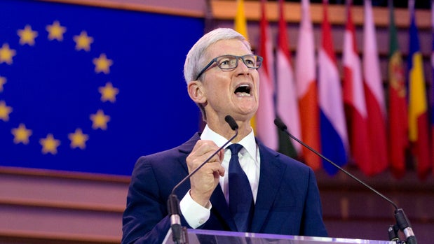Apple CEO Tim Cook speaks during a data privacy conference at the European Parliament in Brussels, Wednesday, Oct. 24, 2018. (AP Photo/Virginia Mayo)