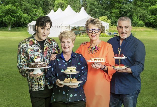 Bake Off judges Prue Leith and Paul Hollywood, with host Noel Fielding and former presenter Sandi Toksvig