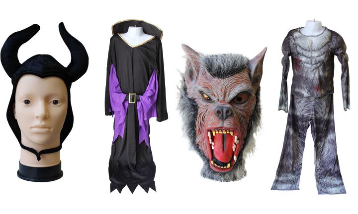 Mask of a werewolf costume from high street retailer B&M, and the strap of a horned headpiece on a Maleficent costume, purchased from eBay.